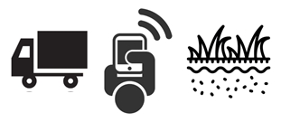 line drawings of a truck, a person with a smart phone, and a field
