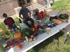 Two growers sell vegetables at a farmers' market