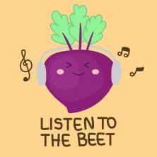 a beet wearing headphones with the caption &quot;listen to the beet.&quot;
