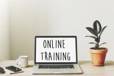 computer with the words &quot;online training&quot; sitting next to a plant