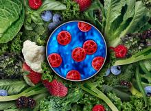microscopic view of cyclospora over a variety of fruits and vegetables