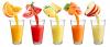 five different fruits with their juices flowing into glass cups