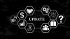 black and white drawing of dollar signs, money, handshakes, and the word "Update"